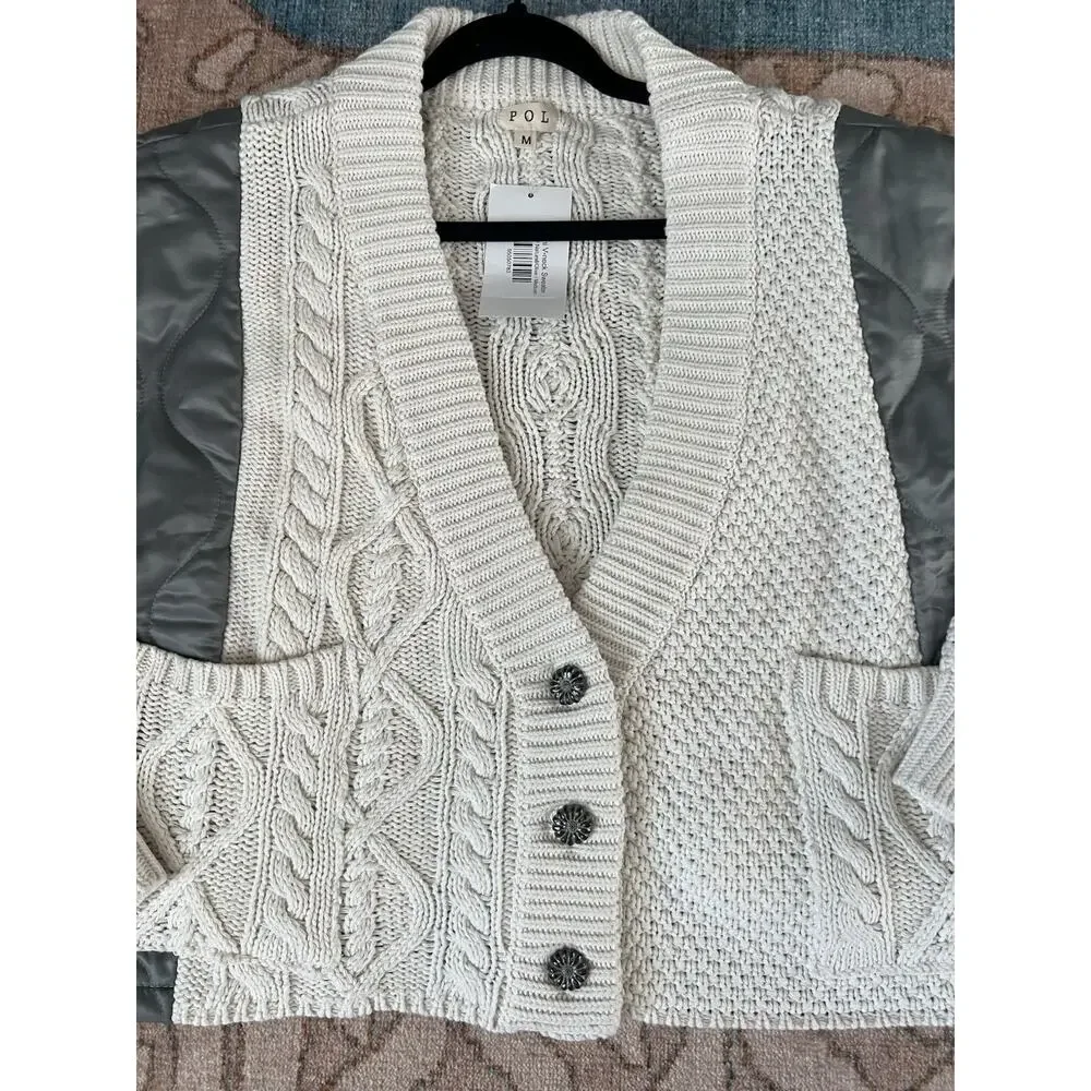 POL Naomi Cable Knit Mixed Media Boxy Grandpa Cardigan Jacket Sz M NWT - Picture 9 of 15